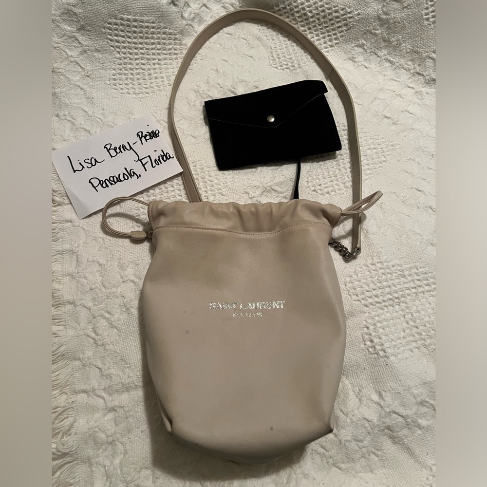 Small Saint Laurent Ivory Lambskin Teddy Bucket Bag